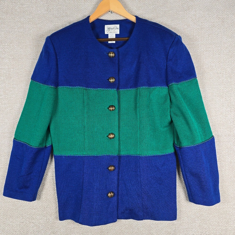 Jeffrey Dara Linda Hutley Vintage Colorblock Knit Jacket Blue Green Size 15/16